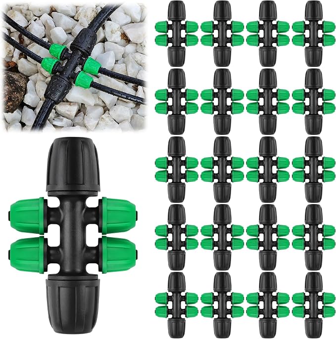 Kalolary 20PCS Locked Barbed Tee Connectors, 5/16" to 1/4" Drip Irrigation Fittings Kit 8/12mm to 4/7mm Tube Lock Female Connector 6-Way Barbed Lock Irrigation Parts for Watering System (Black Green)