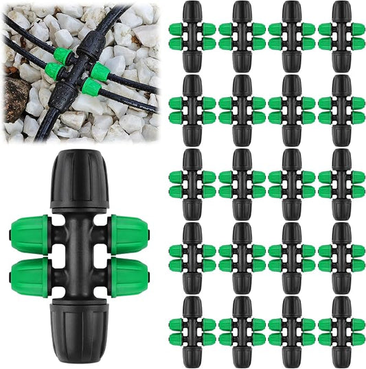 Kalolary 20PCS Locked Barbed Tee Connectors, 5/16" to 1/4" Drip Irrigation Fittings Kit 8/12mm to 4/7mm Tube Lock Female Connector 6-Way Barbed Lock Irrigation Parts for Watering System (Black Green)