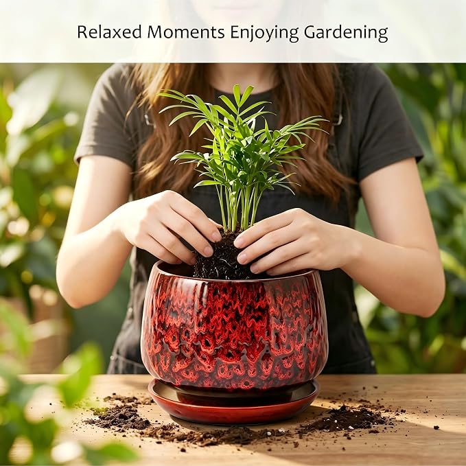 7.5 Inch Ceramic Planter with Saucer,Modern Garden Pots with Drainage Hole Mesh Net, for Indoor Outdoor Use(Speckle Red)