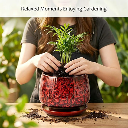 7.5 Inch Ceramic Planter with Saucer,Modern Garden Pots with Drainage Hole Mesh Net, for Indoor Outdoor Use(Speckle Red)