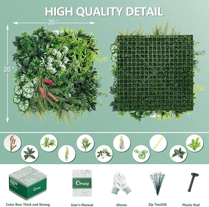 12PCS Grass Wall Panels, 20"x20" Artificial Ivy Greenery Wall Backdrop, UV-Anti Faux Boxwood Grass Panels Green Wall Decor for Garden Patio Balcony