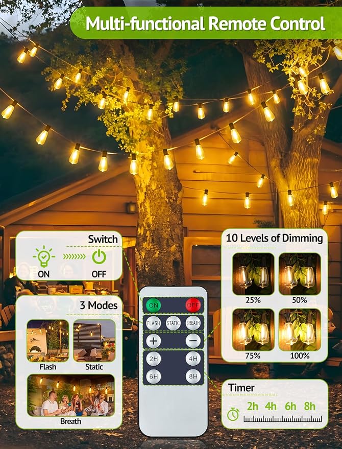 Larkvue 48FT Solar String Lights Outdoor with Remote, Waterproof Dimmable Patio Lights with 15+1 LED ST38 Bulbs 3 Modes Hanging Lighting for Backyard