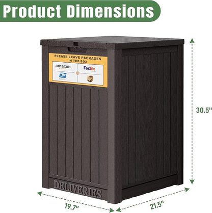 Outdoor Package Delivery Box with Lockable Secure and Sign, Resin Waterproof Outdoor Package Drop Container for Backyard, Garden, Patio & Lawn, Brown with Sign