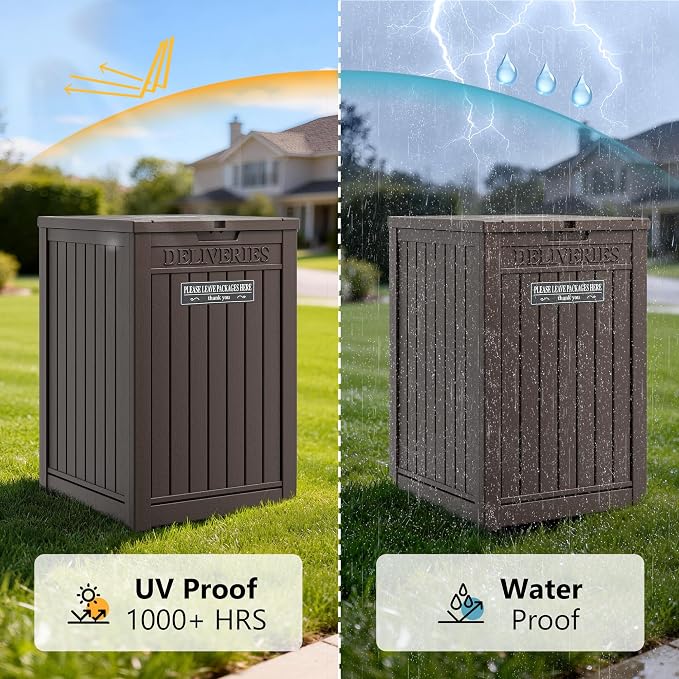 Package Delivery Box for Outside, Storage Box with Lockable Secure, Outdoor Resin Package Drop Container Waterproof for Backyard, Garden, Patio & Lawn, Brown