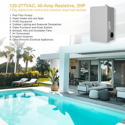 SURAIELEC Digital Pool Timer, 7-Day Programmable Digital Timer Switch, 40 AMP, 2HP, 120, 240, 277 VAC, Outdoor Indoor Heavy Duty Controller Box for Pool Pump, Water Heater, Lights, Powerful Appliances