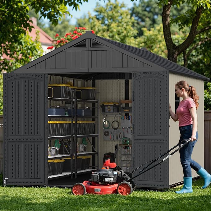 Greesum 8x12FT Plastic Outdoor Storage Shed with Floor, Resin Sheds with Window and Lockable Door, Easy Assembly, HDPE Kick-it Shed for Garden, Lawn, Backyard, Beige