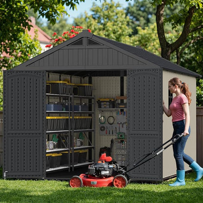 Greesum 8x12FT Plastic Outdoor Storage Shed with Floor, Resin Sheds with Window and Lockable Door, Easy Assembly, HDPE Kick-it Shed for Garden, Lawn, Backyard, Beige