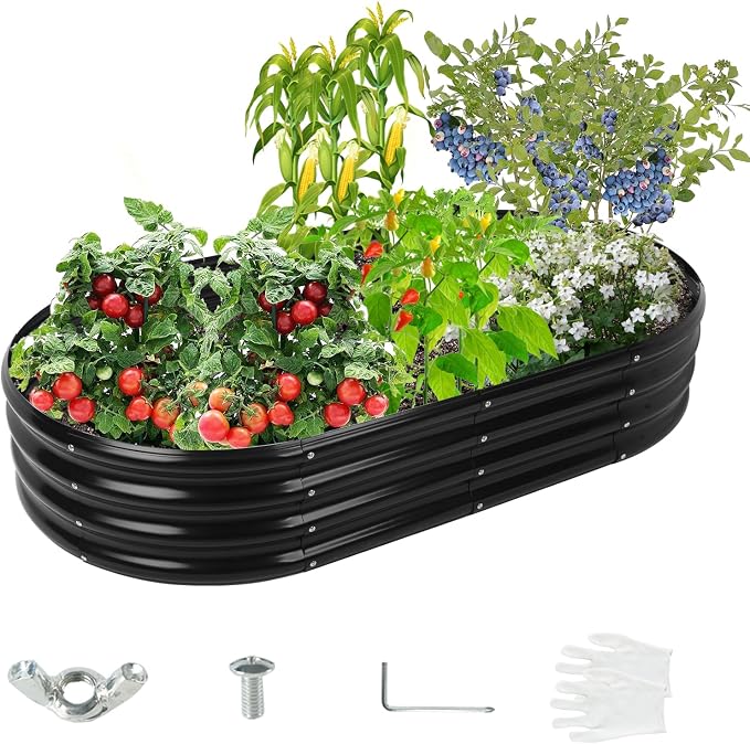 YSEJOMP 12" Tall Oval-Shaped/Elliptic Metal Raised Garden Bed Outdoor Black | 60X32X12 Inch,1 FT Tall,0.8MM Thick Galvanized Metal Painted,for Variety of Flowers,Herbs,Vegetables.with Gloves,Tool free