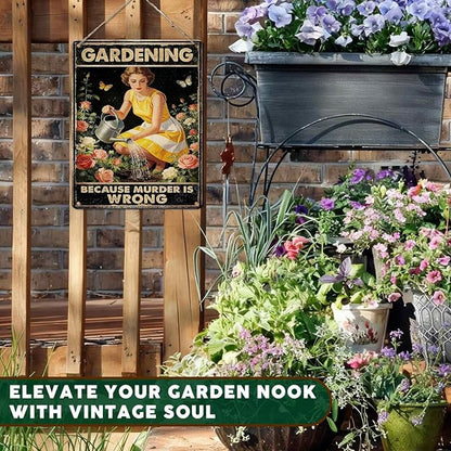 PEACHGARDEN Garden Signs Funny Gardening Because Murder Is Wrong Metal Sign Yard Wall Art Decor Women's Garden Gift For Patio Yard Outdoor 12x16 inch