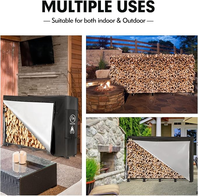 nalone 8FT Outdoor Firewood Rack with Cover&Carry Bag Heavy Duty Square Strong Stand Rack with Waterproof Cover for Fireplace Fire Pits Wood Pile Storage Holder Lumber Rack