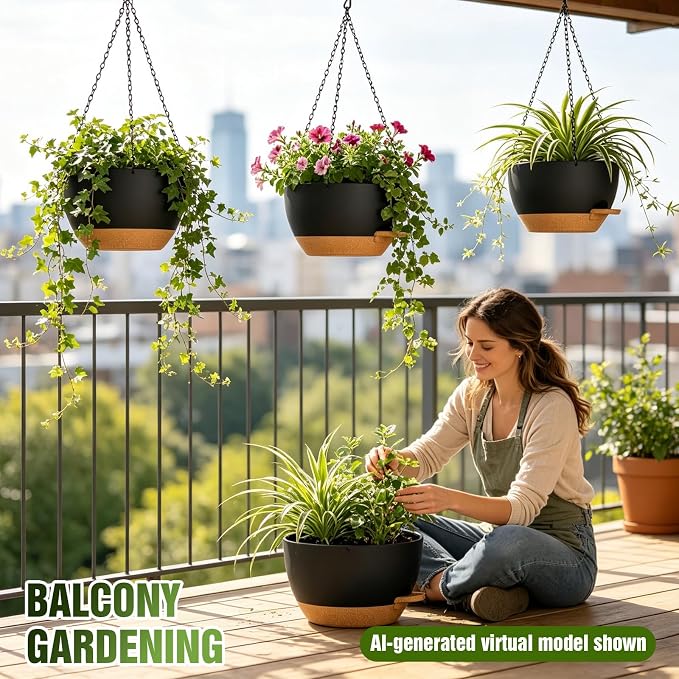 10 Inch Self-Watering Hanging Planters Set of 3 with Saucers | Set of 3 10-inch self-watering hanging planters with extra growing space, side-fill ports, chain hangers & snap-on saucers