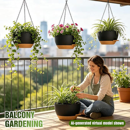 10 Inch Self-Watering Hanging Planters Set of 3 with Saucers | Set of 3 10-inch self-watering hanging planters with extra growing space, side-fill ports, chain hangers & snap-on saucers