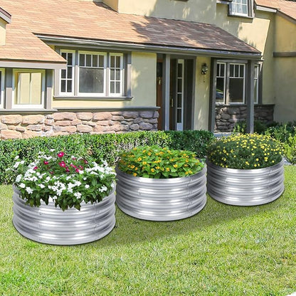 PINPON 2-Pack Galvanized Raised Garden Bed 2x2x1 ft, Round Metal Planter Box Outdoor for Vegetables Flowers, Heavy-Duty Rust-Resistant, Also Use as Fire Pit Ring for Backyard Camping