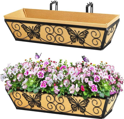 2 Pack 24 Inch Window Boxes Planters Railing Planter Box with Adjustable Brackets for Porch Fence Patio Balcony Hanging Flower Baskets with Woven Fabric for Outdoor Garden Decor - Black