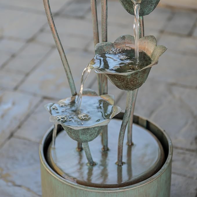 XBrand 35" Tall Silver Metal Sculptural Flower Multi-Tier Freestanding Water Fountain for Indoor & Outdoor Use, Decorative Garden Patio Backyard Water Feature