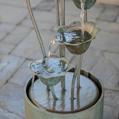 XBrand 35" Tall Silver Metal Sculptural Flower Multi-Tier Freestanding Water Fountain for Indoor & Outdoor Use, Decorative Garden Patio Backyard Water Feature