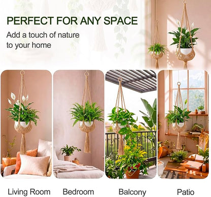 Shappy 2 Pack Boho Macrame Plant Hanger, Large Hanging Planter Plant Holder Pot Hanger Hanging Basket Wall Planters, Plants Lover Gift for Indoor Garden (Wooden Ring and Wooden Beads,Jute Color)