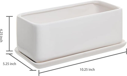 MyGift 10 Inch Modern Unglazed White Ceramic Indoor Plant Pot with Drainage Hole, Rectangular Succulent Planter Window Box with Removable Saucer, 1 Pack