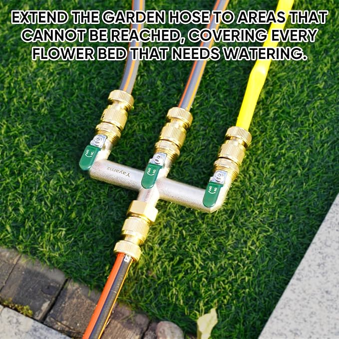 3 Way Garden Hose Splitter, Heavy Duty Brass Nickel Plated Rust Resistant Faucet Manifold, 3/4" Frost Resistant Outdoor Hose Adapter Connector，Hose Spigot Adapter with 3 Large Green Handles