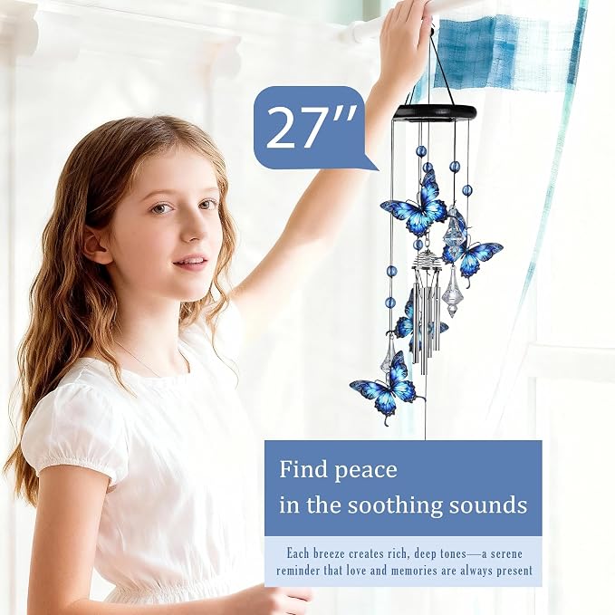 YU FENG Butterfly Memorial Wind Chime, Crystal Suncatcher Outdoor Decor | 27 Inch Metal Hanging Chime, Blue Butterfly Design, Sympathy Remembrance Gift, Garden Yard Patio Decoration