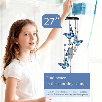 YU FENG Butterfly Memorial Wind Chime, Crystal Suncatcher Outdoor Decor | 27 Inch Metal Hanging Chime, Blue Butterfly Design, Sympathy Remembrance Gift, Garden Yard Patio Decoration