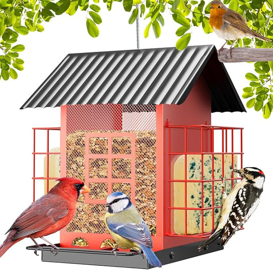 FlowaFoli Bird Feeders for Outdoors Hanging, Metal Bird Feeder with Double Suet Cage Cake, Large Capacity, Birdfeeders Sturdy & Weatherproof, Easy to Clean & Refill, Great for Attracting Wild Birds