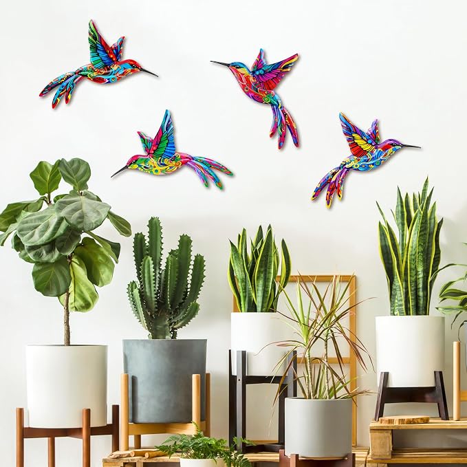 ULENDIS 4 Pack Metal Hummingbird Wall Art Decor, 3D Colorful Outdoor Wall Art Fence Decorations for Patio and Yard, Wall Sculpture Hanging Decor for Garden Living Room Balcony (C)