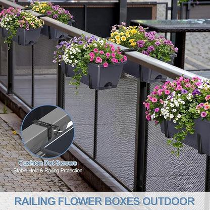 Deck Railing Planter Boxes Set of 2, Adjustable Window Planter Box with Removable Hanging Plant Holder, 17 Inch Rectangular Herb Garden Planters for Porch Fence Balcony Apartment Patio Decor, Grey
