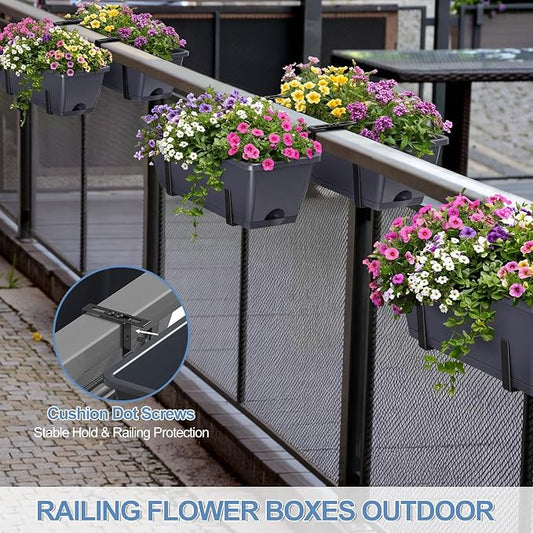 Deck Railing Planter Boxes Set of 2, Adjustable Window Planter Box with Removable Hanging Plant Holder, 17 Inch Rectangular Herb Garden Planters for Porch Fence Balcony Apartment Patio Decor, Grey