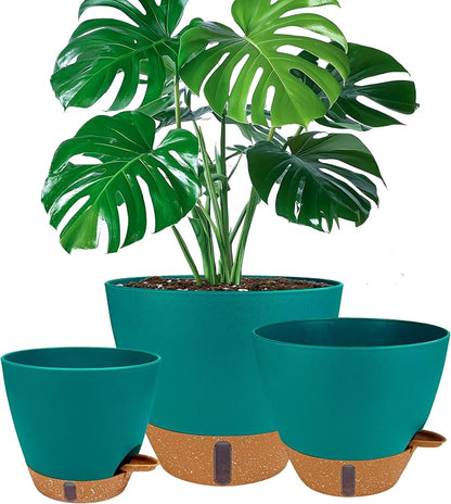 8/10/12 Inch Self Watering Pots for Indoor/Outdoor Plants - Large Plastic Planter with Drainage Holes, Water Level Indicator & Deep Reservoir, Modern Decorative Flower Pots (Turquoise)