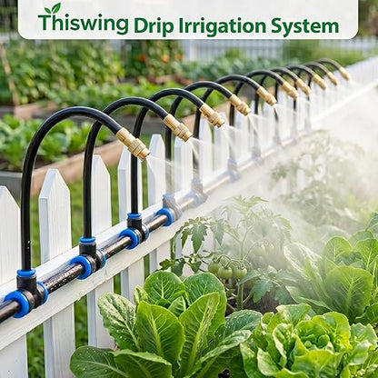 Thiswing 200FT 360° Adjustable Irrigation System for Garden – 1/4" Tubing with 36 Nozzles, Automatic Watering Misting System, Sprinkler for Garden, Raised Bed, Lawn, Plants