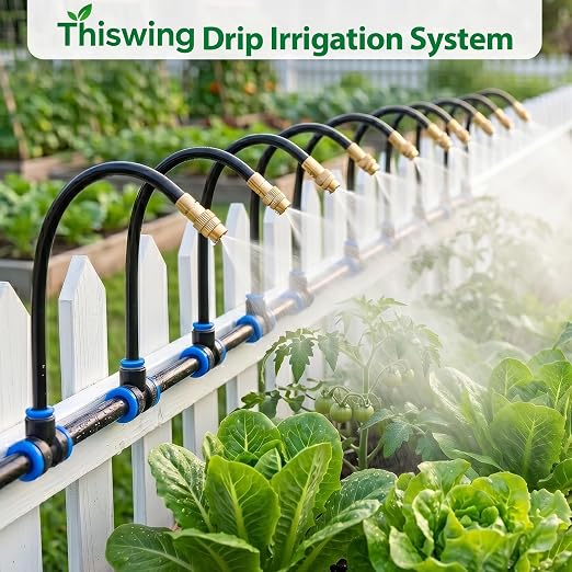 100FT 1/4" Drip Irrigation System with Timer | 360° Adjustable 18 Misting Nozzles, Garden Watering Kit for Raised Beds Lawn Yard