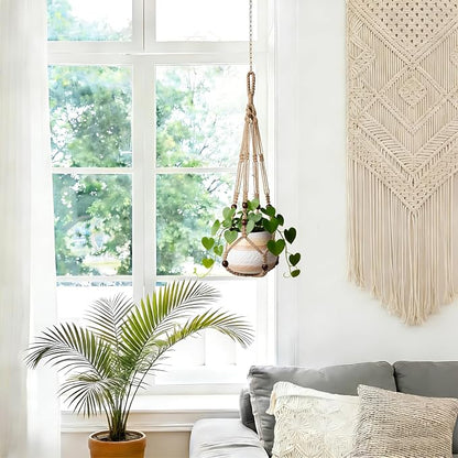 LEWESU 3 Pack Jute Macrame Plant Hanger Indoor 3 Different Sizes Hanging Planter Basket Flower Pot Holder with Wood Beads & No Tassels for Boho Home Decor, 23, 30, 35 Inch, Brown (Pot Not Included)