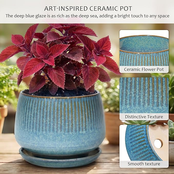 7.5 Inch Ceramic Planter with Saucer,Modern Garden Pots with Drainage Hole Mesh Net, for Indoor Outdoor Use (Crackle Blue)