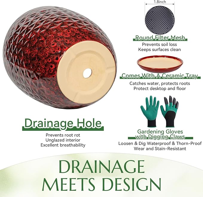 11.8 Inch Flower pots for Indoor Plants,Ceramic Planter with Saucer Drainage Leak-Proof Mesh Gardening Gloves (Diamond Red)
