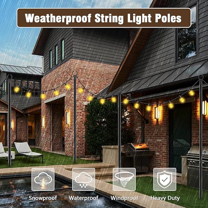 AILBTON 10Ft String Light Poles 10 Pack,Light Poles for Outside Lights,Outdoor with Fence Brackets Hanging Lights,Metal Stand Deck Patio Backyard