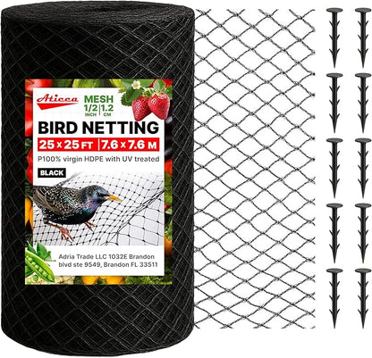 ATICCA Heavy Duty Bird Netting for Garden Protection & Fruit Trees, 25x25 Ft with 10 Stakes – Black Anti-Bird Net for Poultry, Deer, & Squirrel Protection, Durable Mesh for Garden and Yard Use