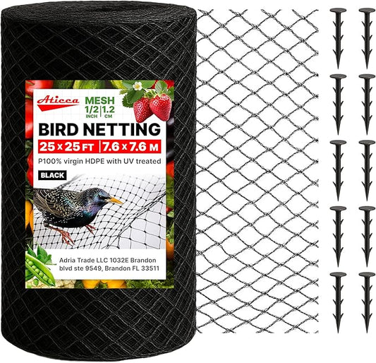 ATICCA Heavy Duty Bird Netting for Garden Protection & Fruit Trees, 25x25 Ft with 10 Stakes – Black Anti-Bird Net for Poultry, Deer, & Squirrel Protection, Durable Mesh for Garden and Yard Use
