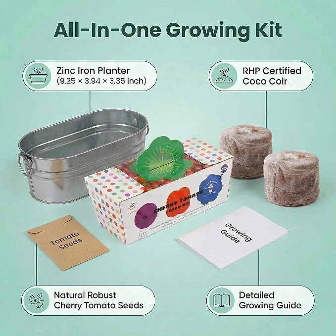 Tomato Grow Kit - All-in-One Indoor Vegetable Garden Starter Kit with Metal Planter, Complete Growing Set for Beginners, Kitchen Windowsill, Home Gardening & Plant Lovers Gift