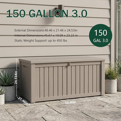 Outdoor Storage Box, 150 Gallon Waterproof Deck Box [Upgraded 3.1], Large Resin Storage with Hydraulic Gas Lifts for Cushions, Heavy Duty Lockable Bench Seat, Backyard Party, Grey