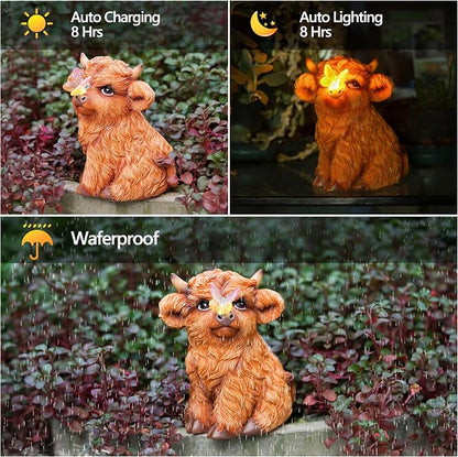 Highland Cow Solar Powered Outdoor Garden Statue, Resin Highland Cow Statue with Solar Light Lantern, Decorative Lawn, Yard Outdoor Highland Cow Decor. Unique home decorations, gifts for women