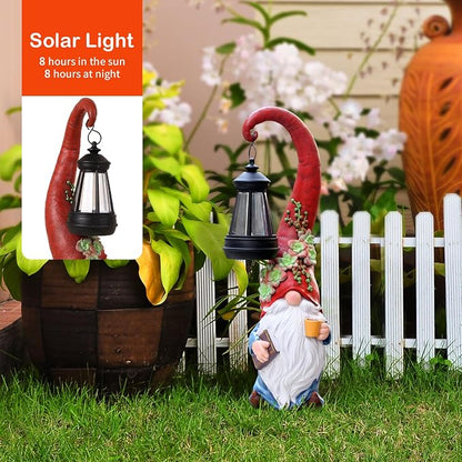 Coffee Gnome Garden Decor Statue Solar-Powered Gnome Ornament Lantern-Lit Courtyard Decoration Birthday Gift for Mom on the Patio