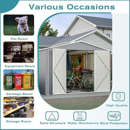 YOPTO 12X10 FT Metal Outdoor Storage Shed W/Floor & Lockable Door,Gray | Galvanized Steel Garden Shed W/ 4 Air Vents,Sloped Roof,Reinforced Structure,All Weather Waterproof for Patio,Backyard,Lawn