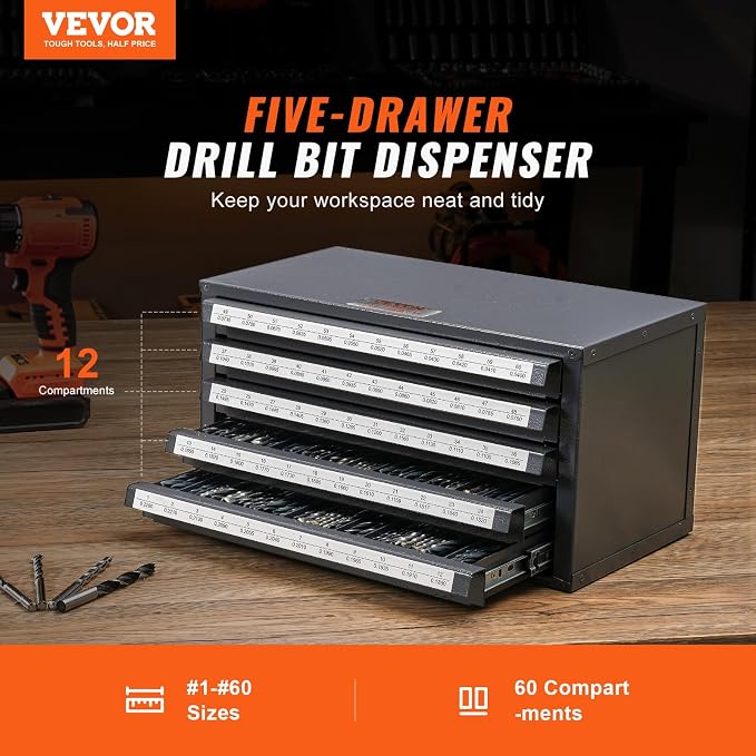 VEVOR Drill Bit Dispenser Cabinet, Five-Drawer Drill Bit Dispenser, 60-Compartment Drill Bit Organizer Cabinet, Drill Dispenser Organizer Cabinet Holder for Jobber Length Wire Gauge Sizes 1 to 60