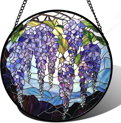 DASTOLL Stained Glass Window Hanging, Purple Wisteria Flowers Suncatcher for Doors Window Home Plant Sun Catchers Decoration Mother's Day Birthday Gifts for Women, Men, and Mom 6.3x6.3 in