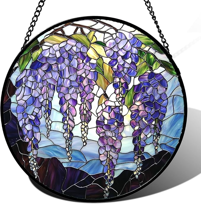 DASTOLL Stained Glass Window Hanging, Purple Wisteria Flowers Suncatcher for Doors Window Home Plant Sun Catchers Decoration Mother's Day Birthday Gifts for Women, Men, and Mom 9.8x9.8 in