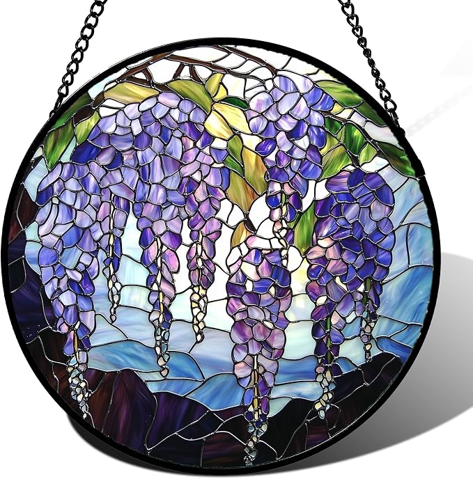 DASTOLL Stained Glass Window Hanging, Purple Wisteria Flowers Suncatcher for Doors Window Home Plant Sun Catchers Decoration Mother's Day Birthday Gifts for Women, Men, and Mom 15x15 in