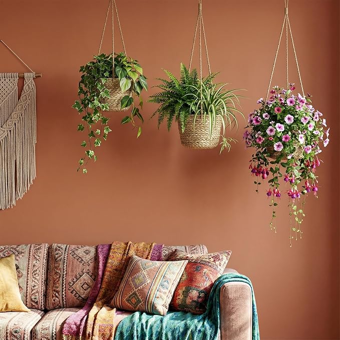 6 Pcs Seagrass Hanging Planter Basket Hand Woven Plant Basket with Plastic Liners Hanging Plant Holder Storage Containers with Cotton Rope for Indoor Outdoor Garden Home Decor (Brown)