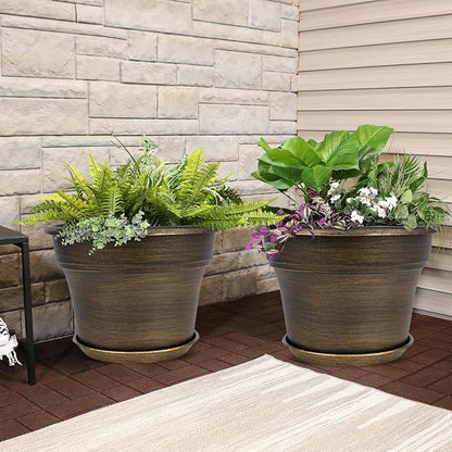 Plant Planters Pots Set of 6 Pack 6 Inch, Plastic Flower Pot For Indoor Plants With Drainage Holes & Trays, Resin Decorative Container Sets With Saucer For House Outdoor Garden Planters Dark Gold
