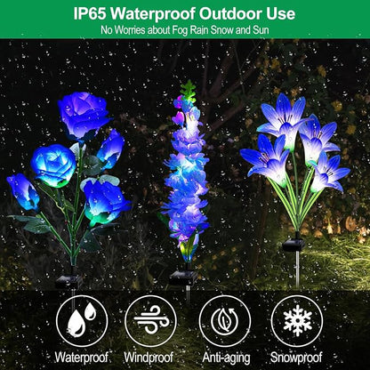 MRHEPHAESTUS Solar Garden Lights Waterproof, 3 Pack Solar Flowers Lights Includes Lily Rose Delphinium, Gardening Gifts for Mom Grandma Women,7-Color Changing Outdoor Decor for Garden Yard Patio Lawn